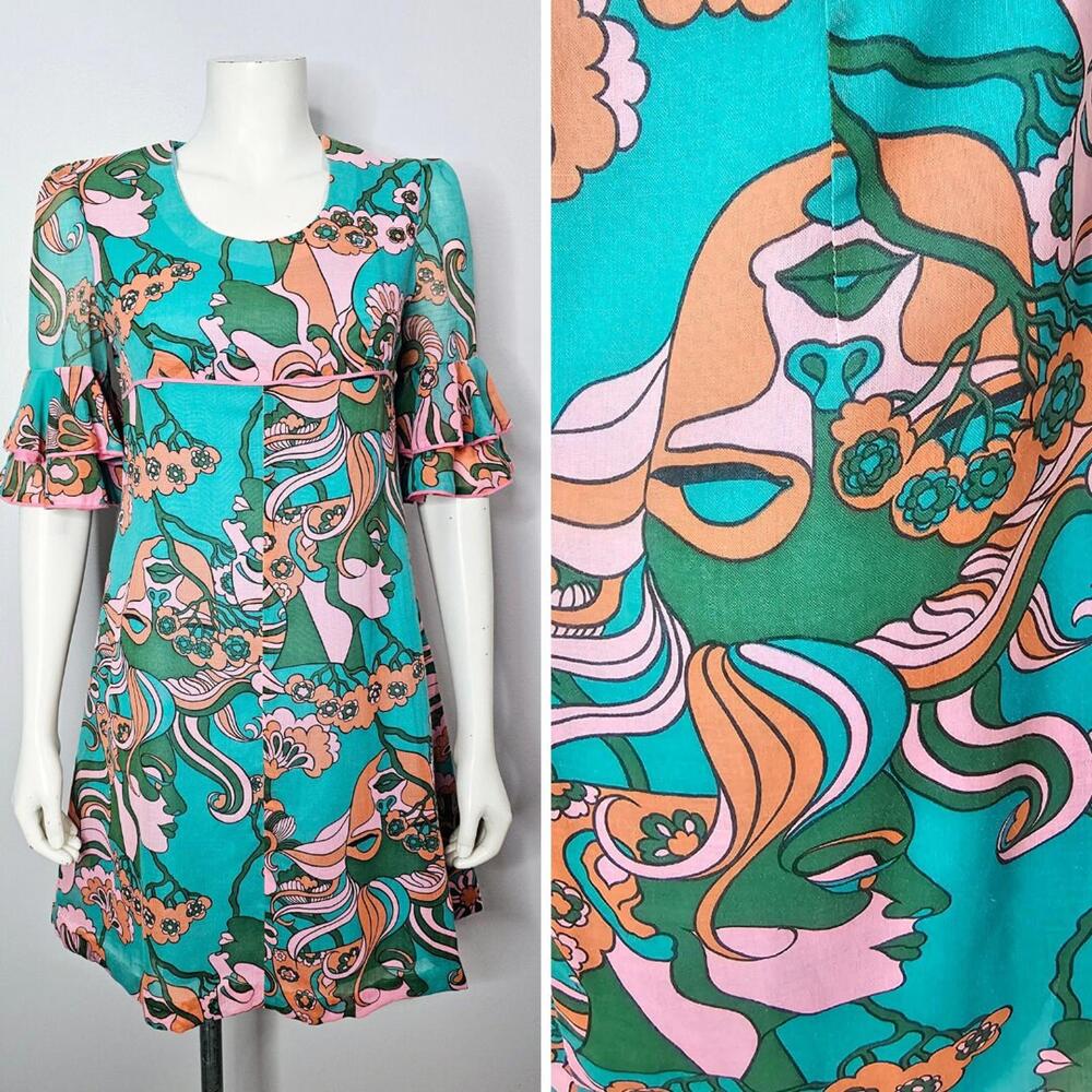 Vintage 1960s Psychedelic Dress: Lady Faces